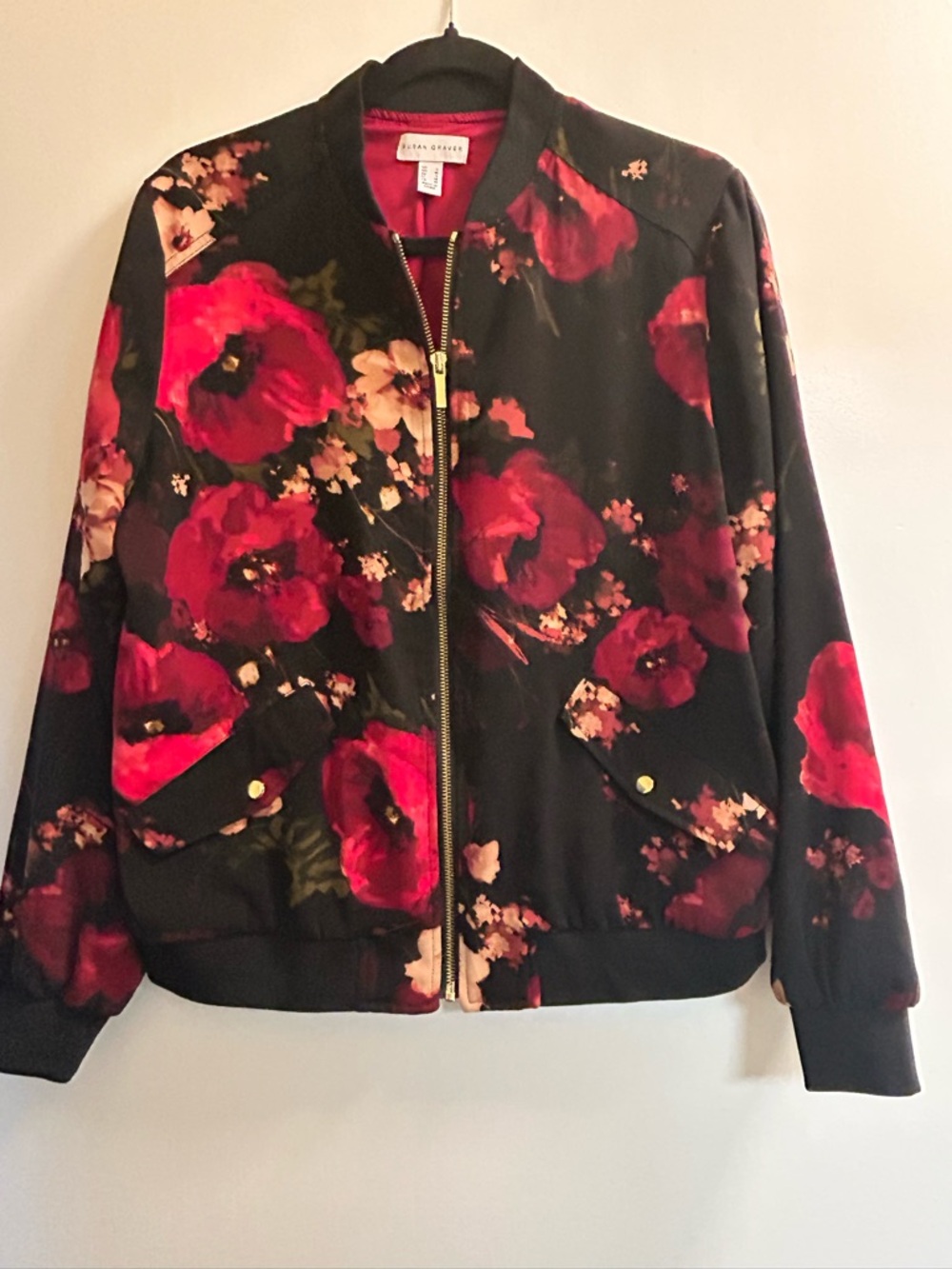 Susan Graver Black Bomber Jacket with Red Floral Print